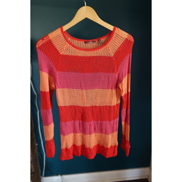 525 America Sweaters - 525 America Womens Open Knit Sweater Top Coral Pink Orange Pullover Large